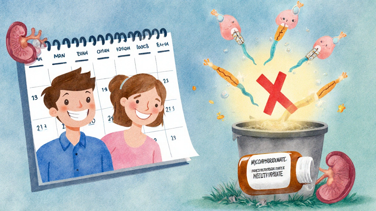 A calendar shows recovery times for men and women, with healthy sperm and eggs moving toward a family symbol.