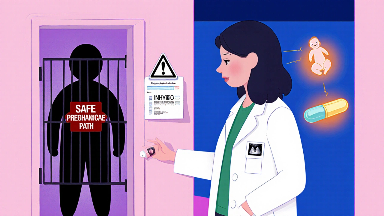 A doctor guides a patient toward a safe pregnancy path while a dangerous drug is locked away in a cage.