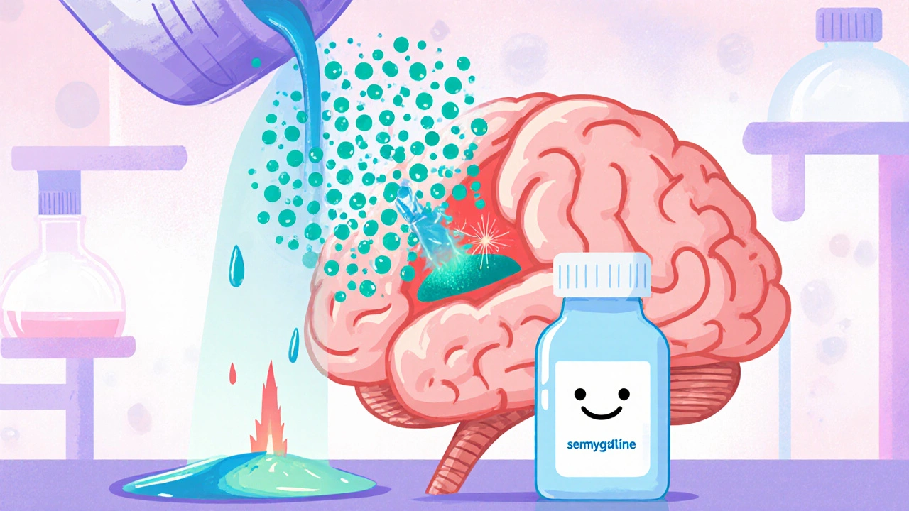 Cartoon brain with amygdala calmed by sertraline serotonin stream.