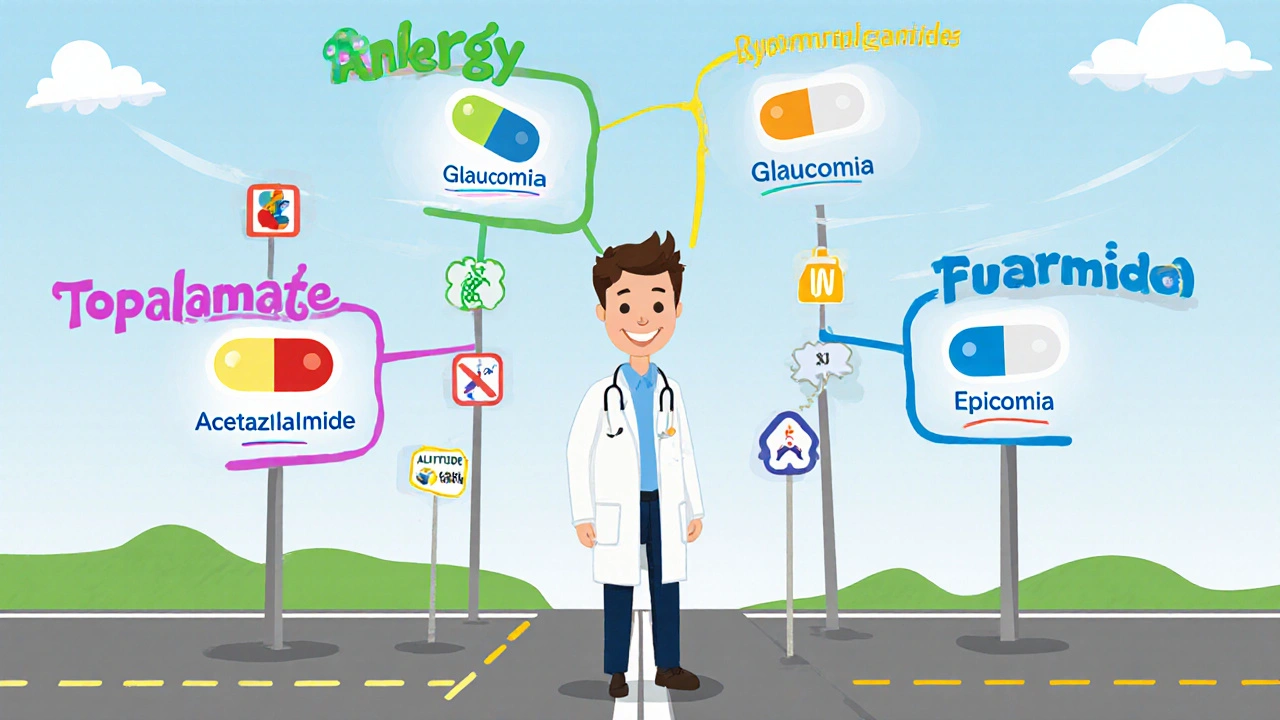 Cartoon doctor choosing medication based on allergies and condition.