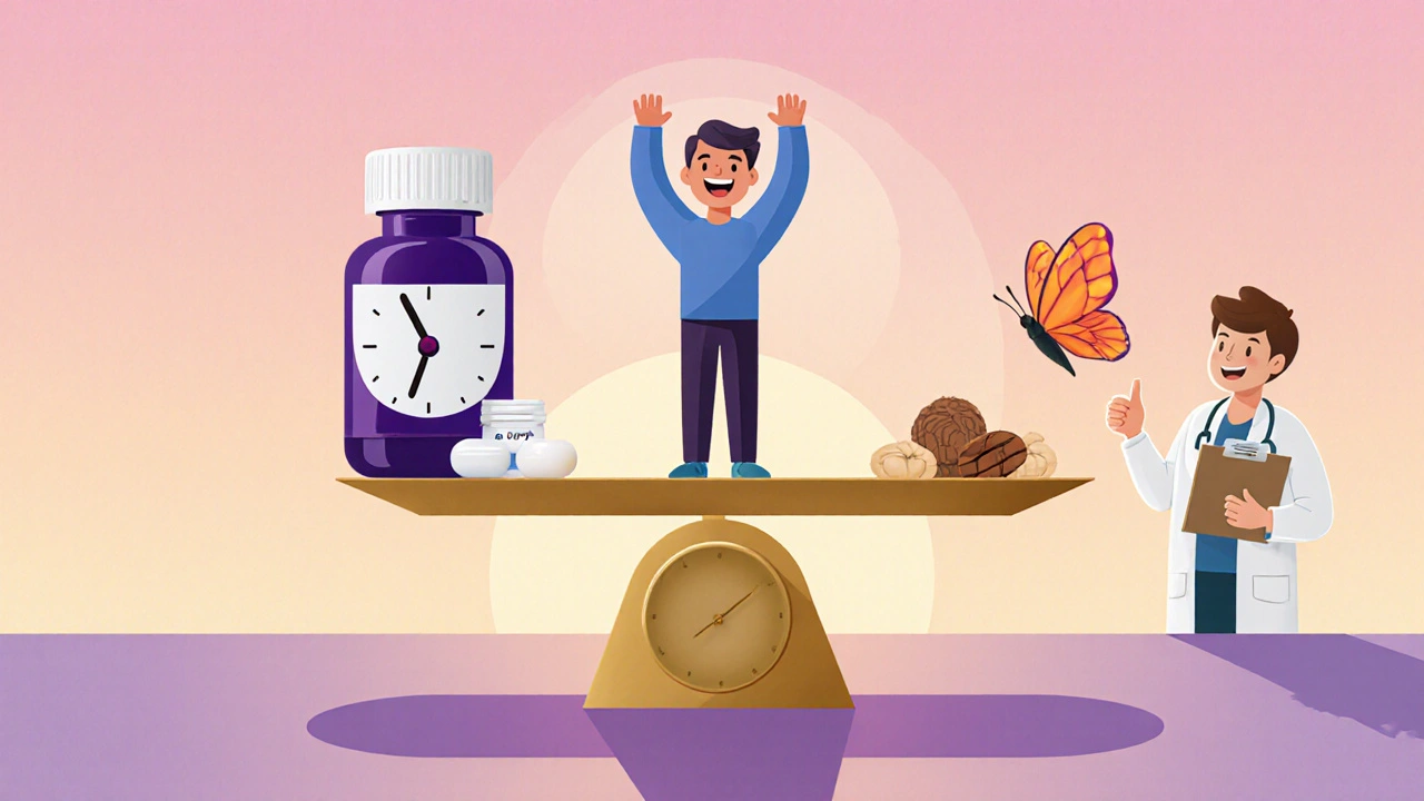 Cartoon of a refreshed adult on a scale balancing melatonin, iodine, selenium, with a doctor approving.