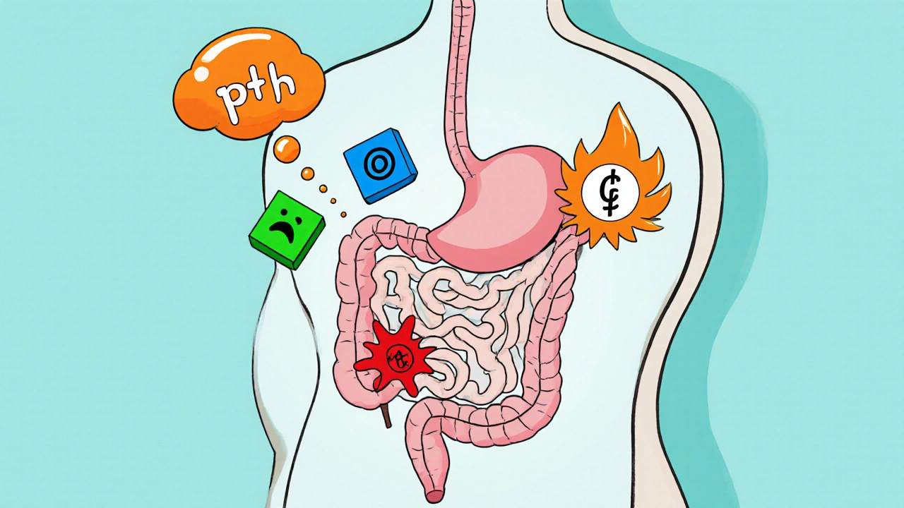 Cartoon of digestive tract showing nausea, constipation, diarrhea, and PTH hormone affecting gut motility.