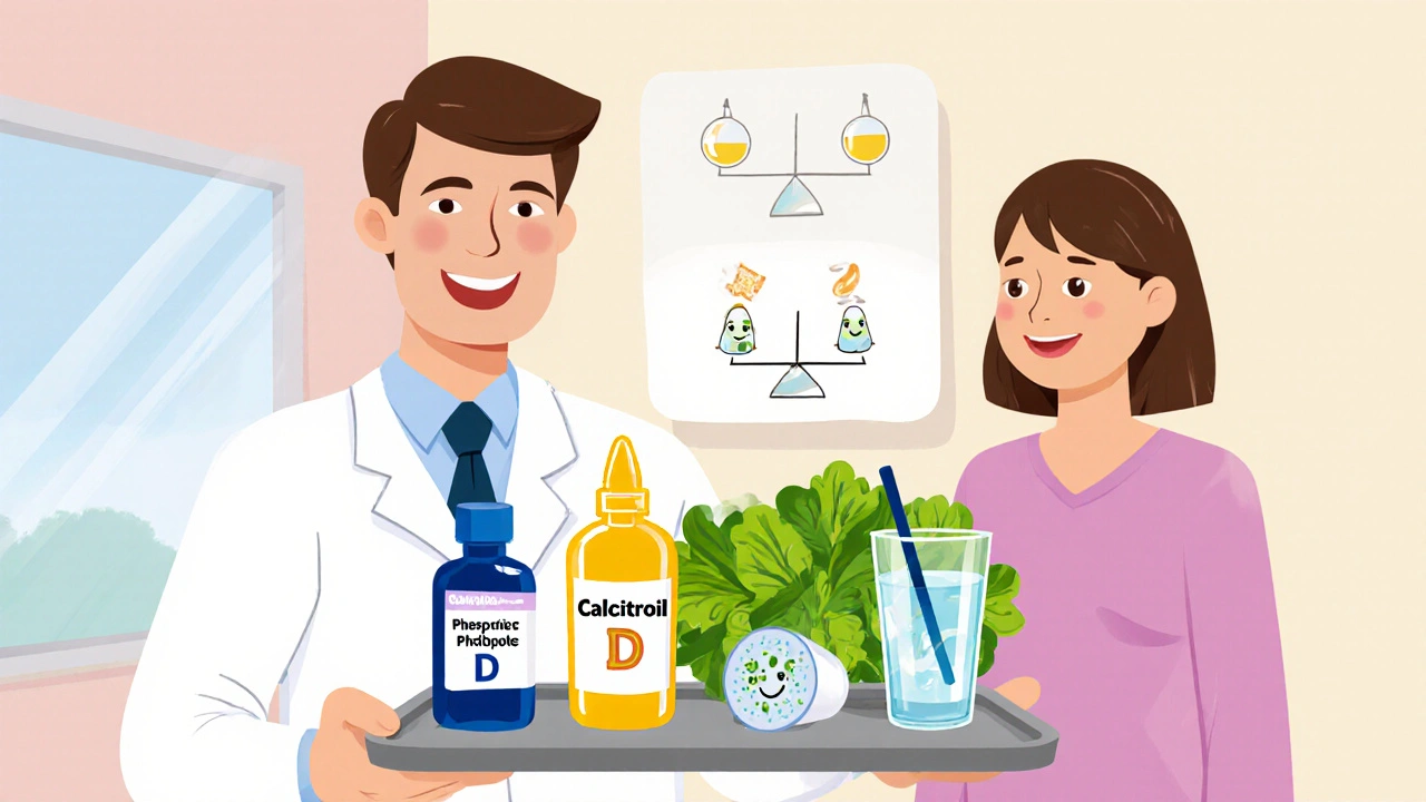 Cartoon of doctor offering phosphate binders, vitamin D, leafy greens, probiotics, and water to a relieved patient.