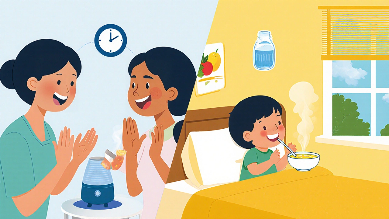 Child getting a vaccine then resting at home with soup, humidifier, and smiling parents.