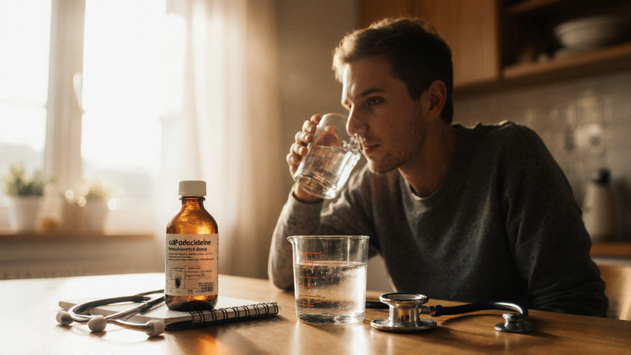 Cozy home scene of a person drinking water with a carbocisteine syrup bottle nearby.