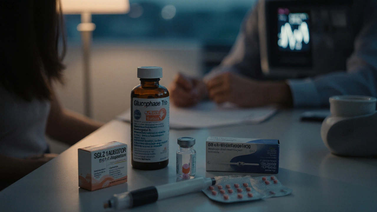 Doctor and patient reviewing various diabetes medicines on a desk.