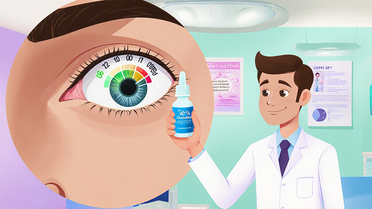 Doctor applying dorzolamide eye drops to lower eye pressure.