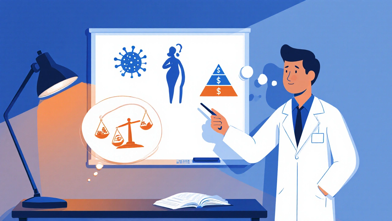 Doctor weighing infection type, patient factors, and cost on a whiteboard.