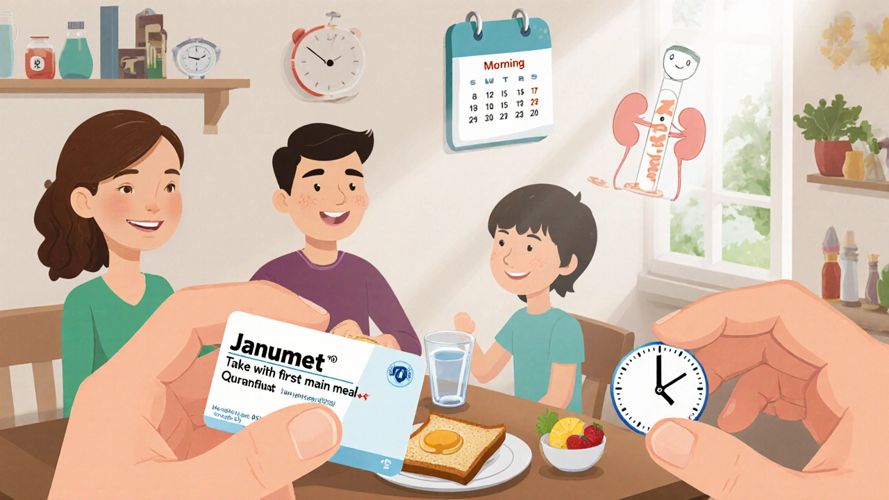 Family at breakfast taking Janumet tablet with a calendar and lab tube for monitoring.