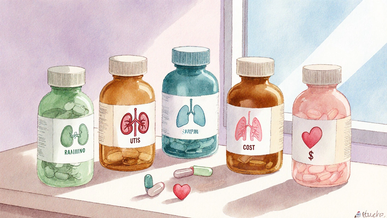 Five antibiotic bottles with icons for use, safety, and cost in watercolor style.