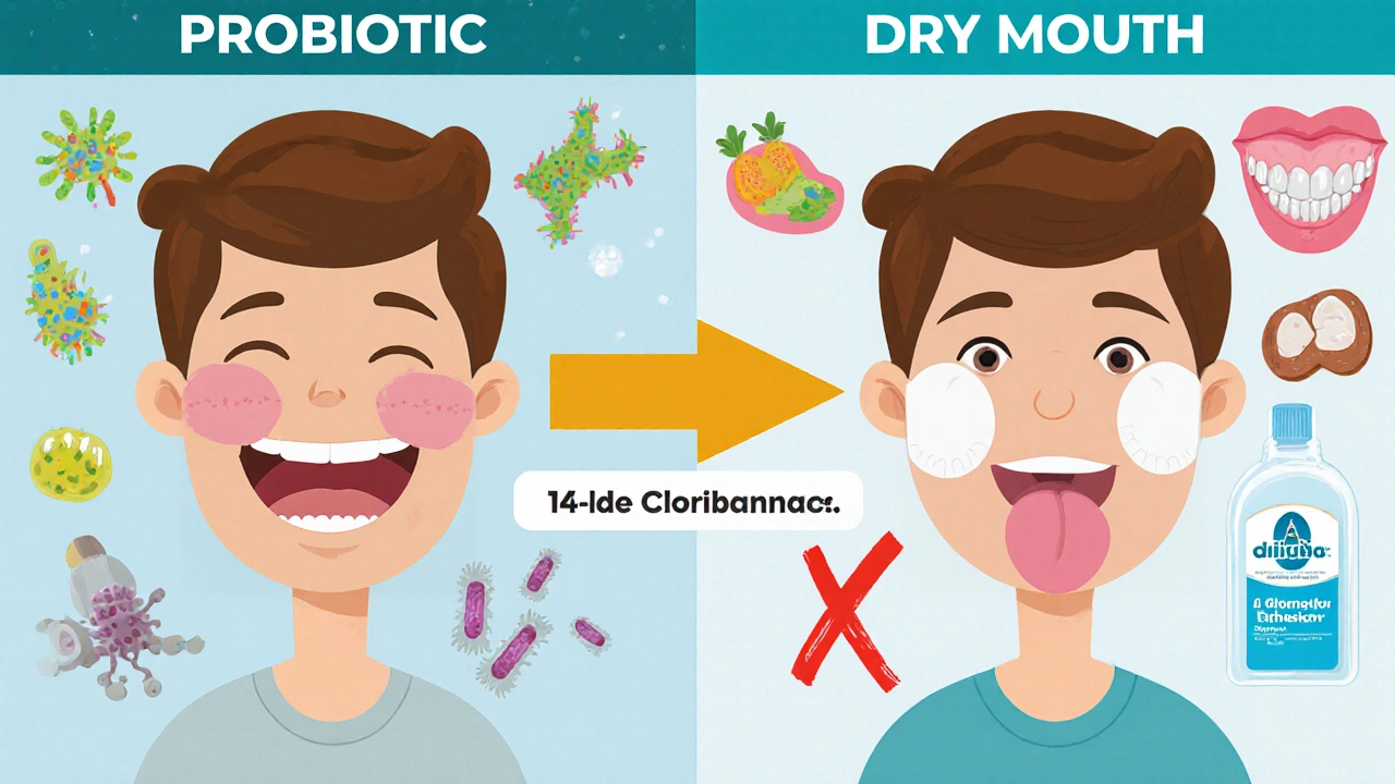 Healthy vs. thrush-affected mouth comparison with treatment pathway in cartoon style