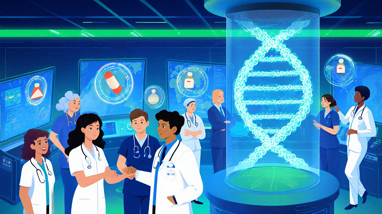 Hospital team using AI holograms and genetic testing to prevent drug reactions.