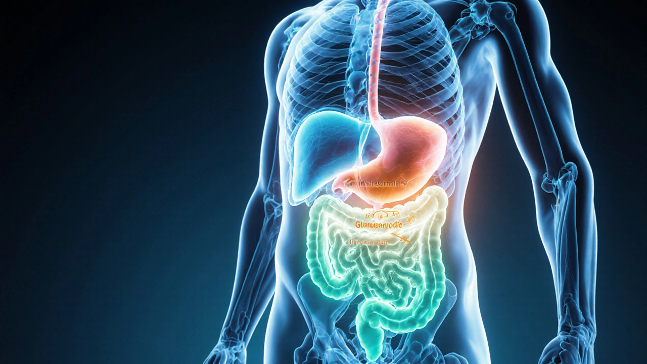 Illustrated body cross‑section showing liver, pancreas, and intestine with three drug effects highlighted.