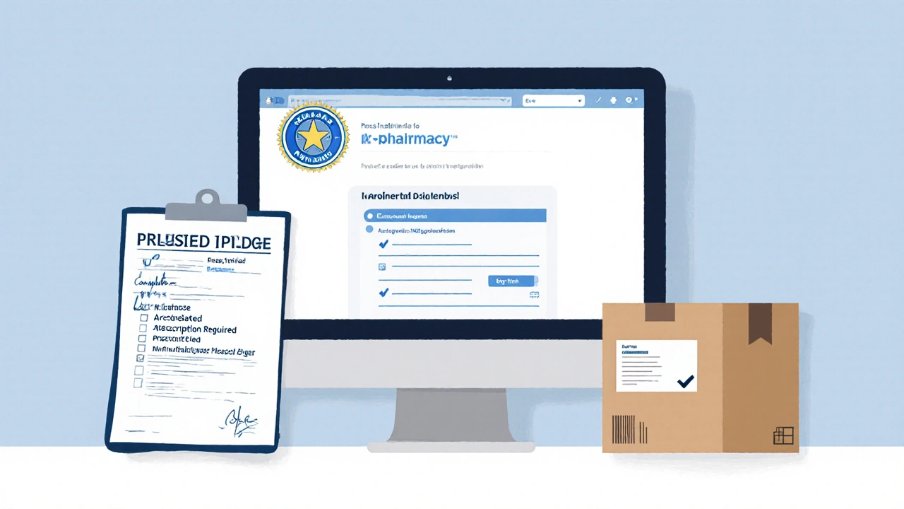 Illustrated desk showing prescription, pharmacy seal, iPLEDGE screen, and shipping box checklist.