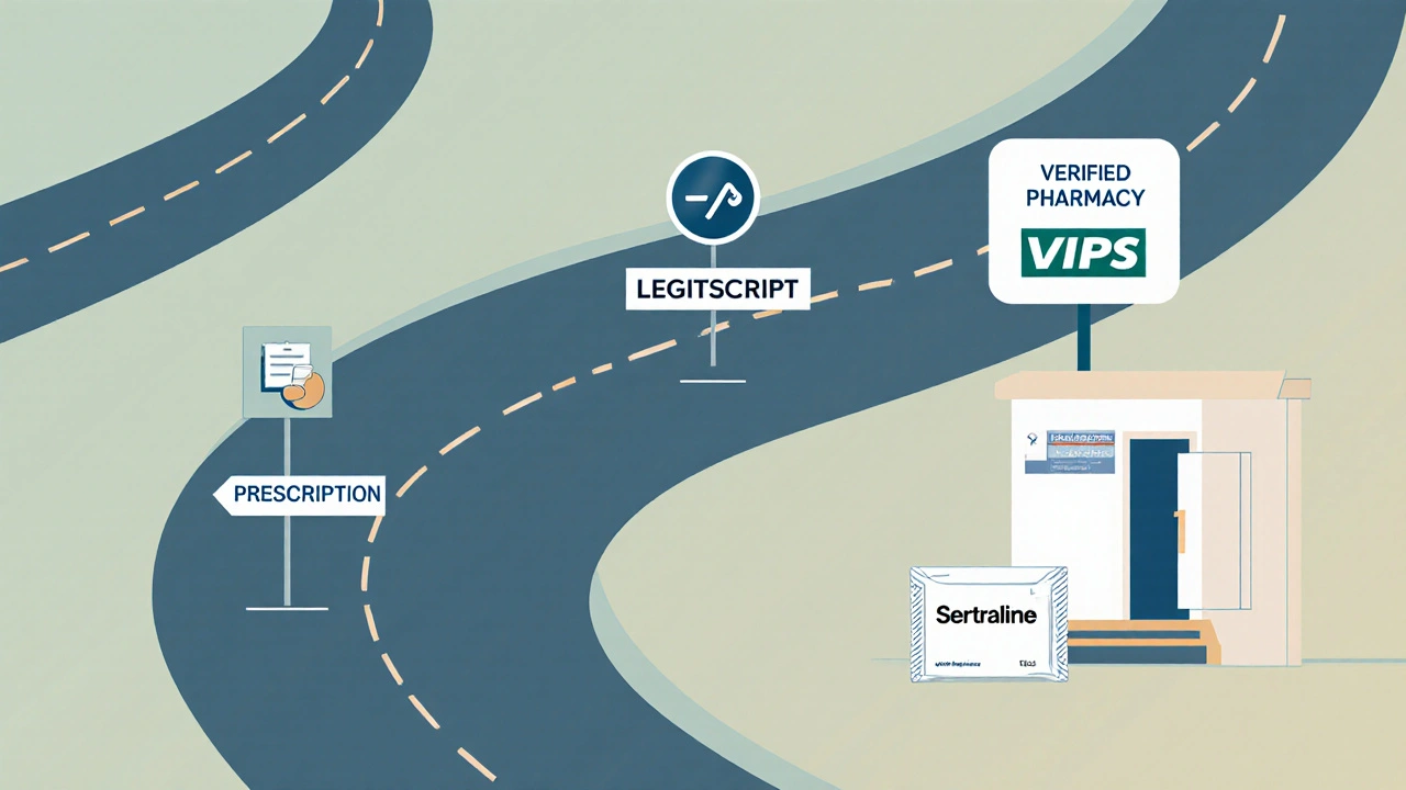Illustrated pathway showing signs for prescription, verified pharmacy, and secure payment leading to a package at a doorstep.