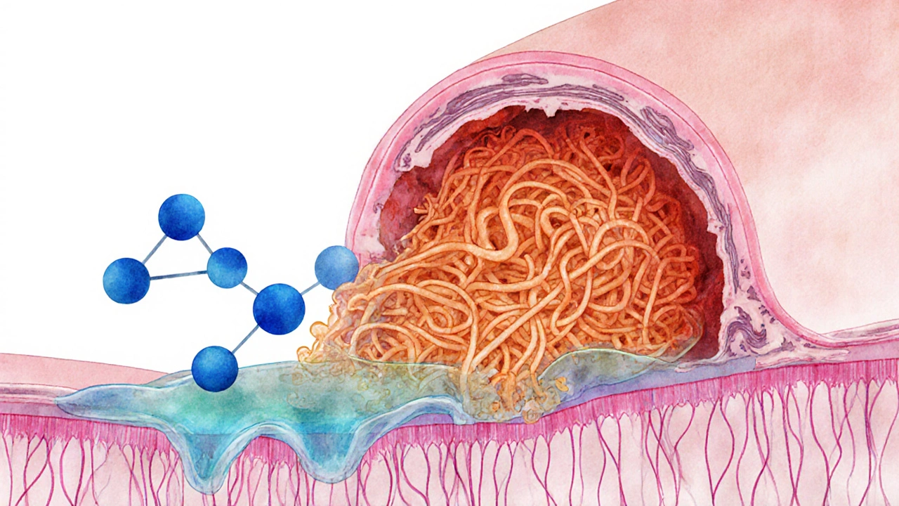 Illustration of a bronchial airway showing thick mucus thinning after carbocisteine action.