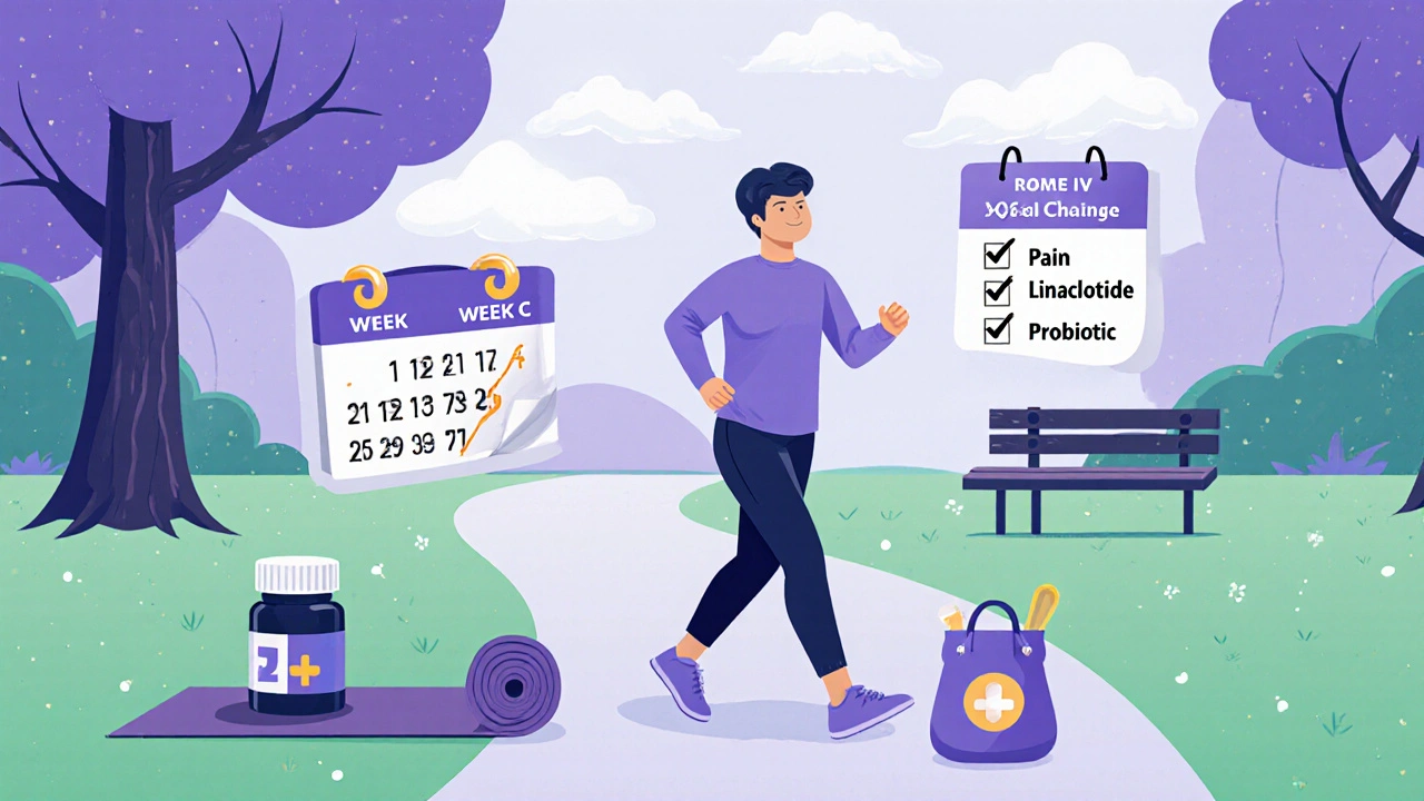 Illustration of a person walking, yoga mat, medication bottles, and calendar icons for a 4‑week plan.