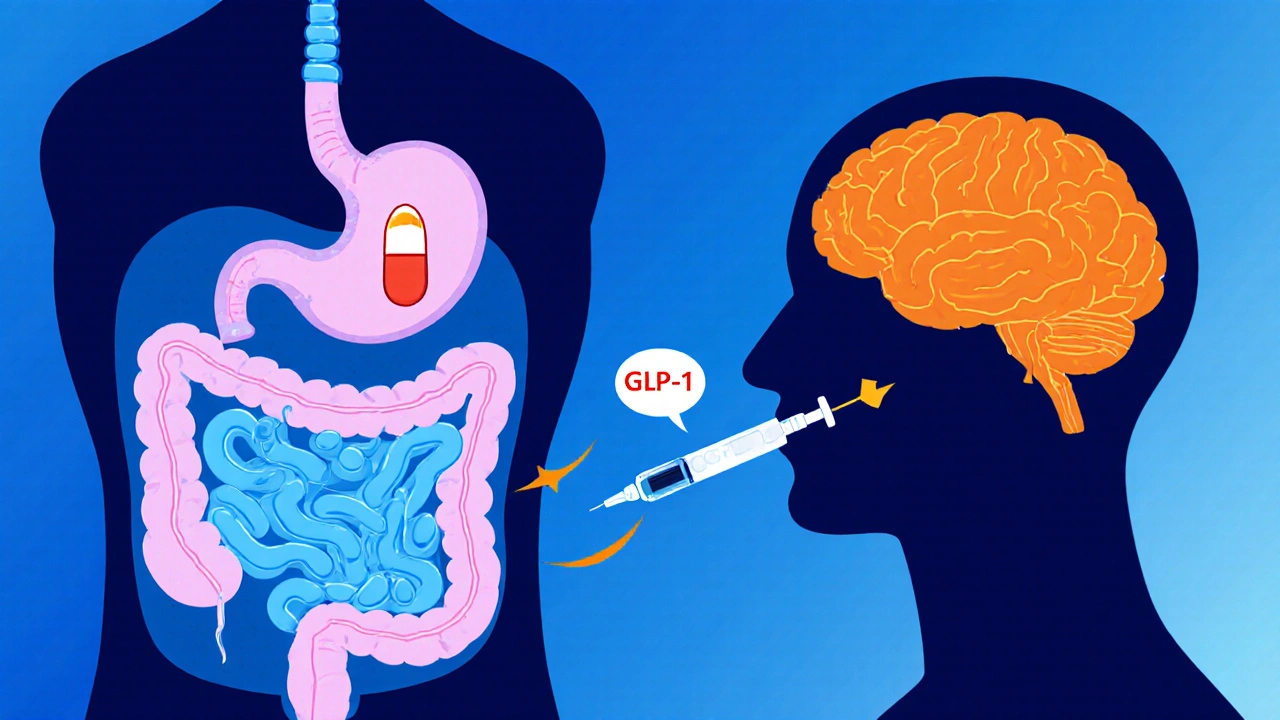 Illustration showing Orlistat blocking fat digestion and GLP‑1 agonist reducing appetite via brain signals.