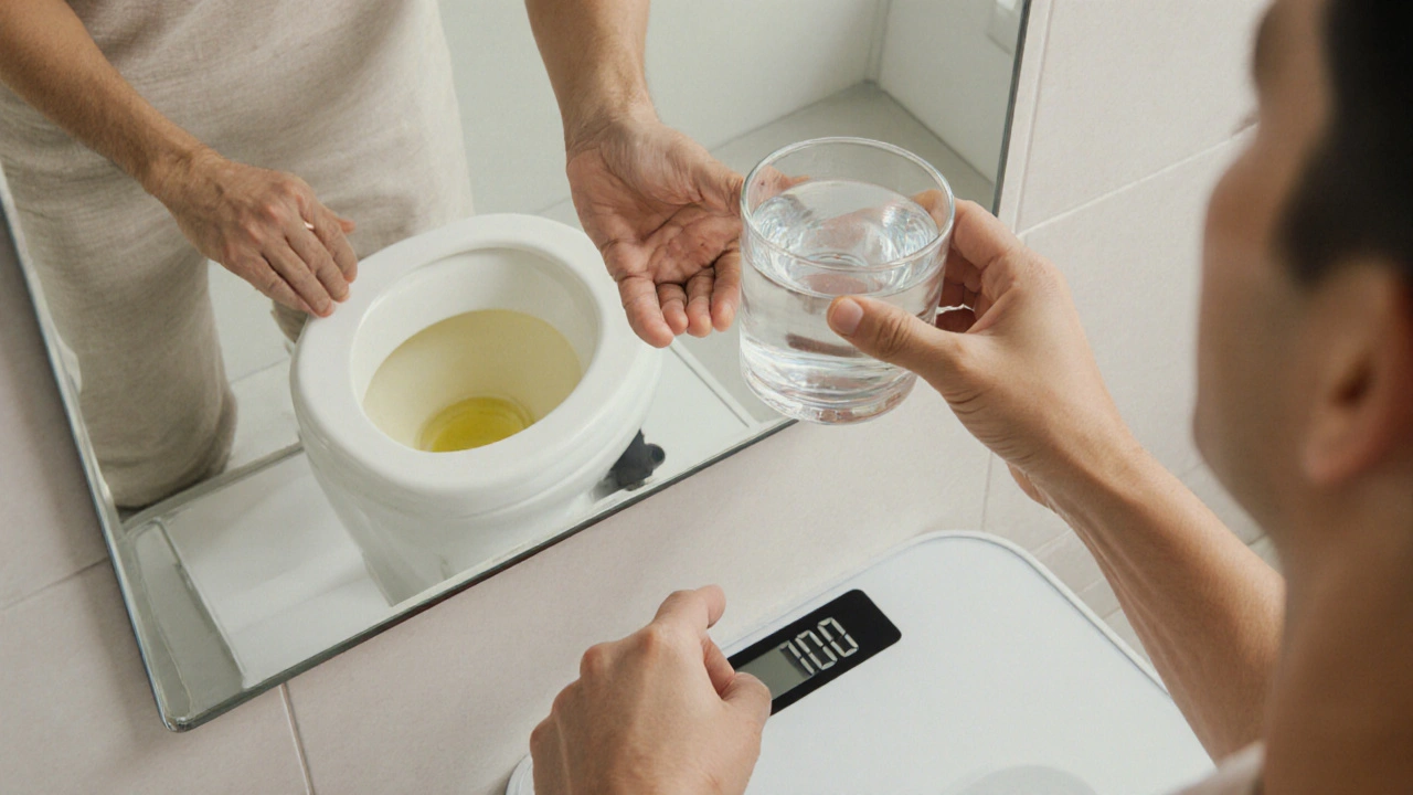 Individual checking skin turgor, urine color, and scale in a bright bathroom.