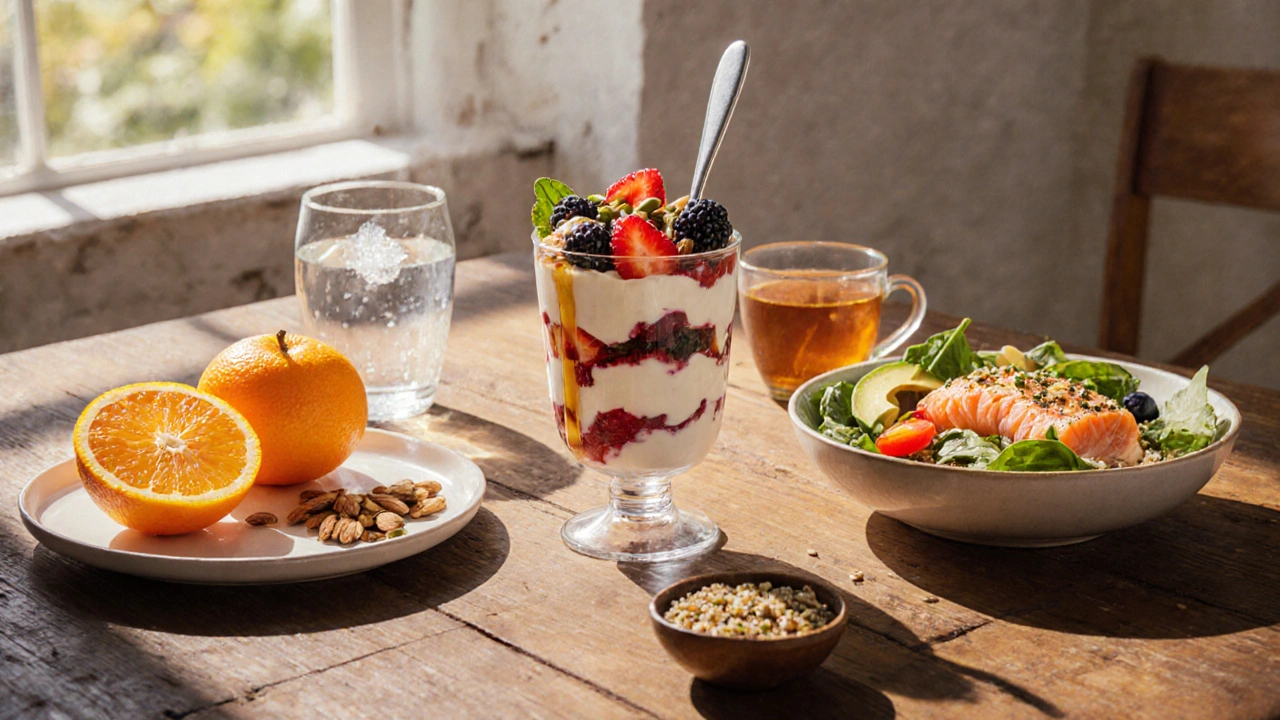 Kitchen table with yogurt parfait, berries, salmon salad, and water glass.