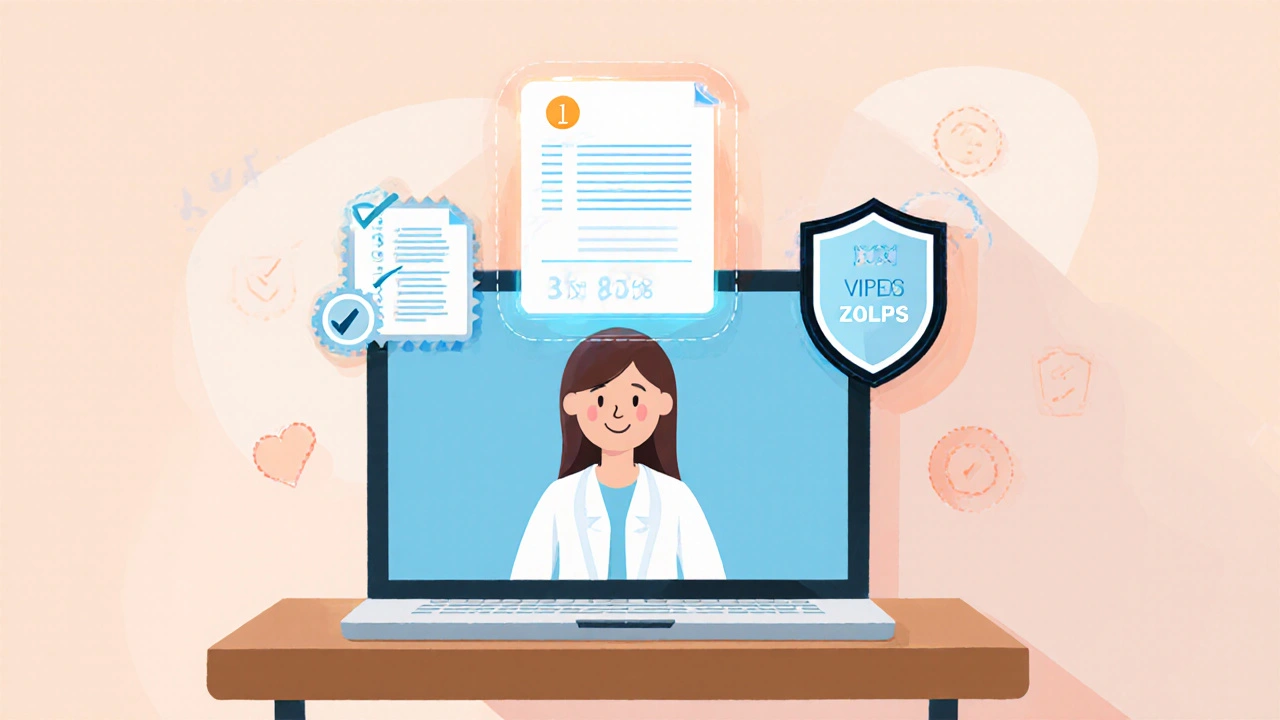 Laptop showing a telehealth video call with a doctor and verification icons beside it.