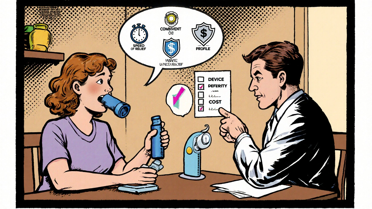 Patient and doctor discussing inhaler options at a table, thought bubbles show relief speed, side effects, and cost.
