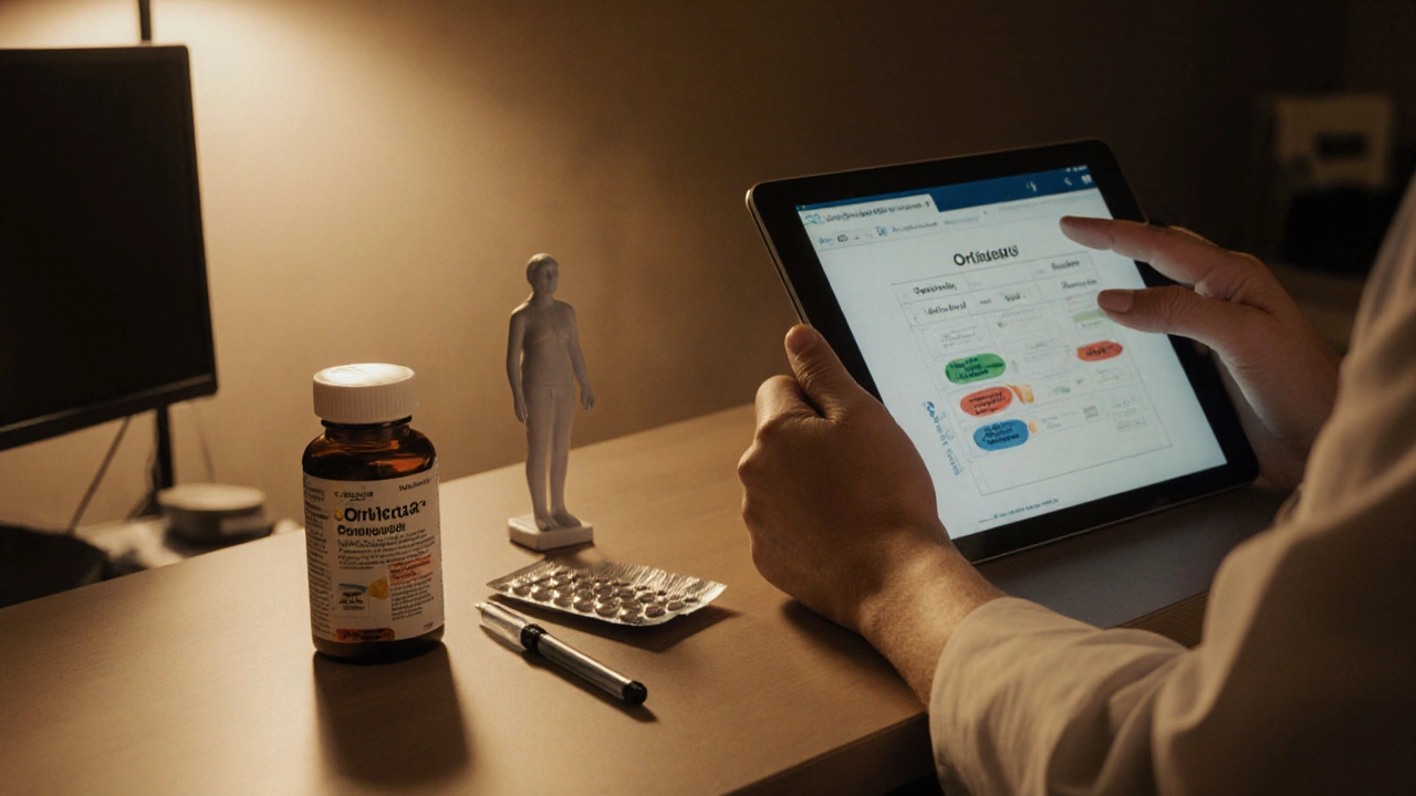 Patient and doctor discussing weight‑loss meds, with various pill bottles and an injection pen on the desk.