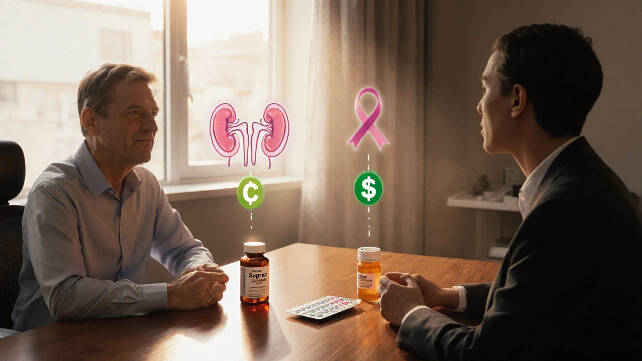Patient and pharmacist discussing antibiotics over a desk with visual cues.
