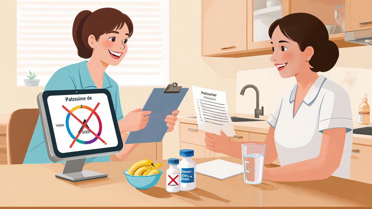 Patient reviews lab results with nurse, showing diet limits, potassium binder and diuretic bottles, and safe potassium gauge.