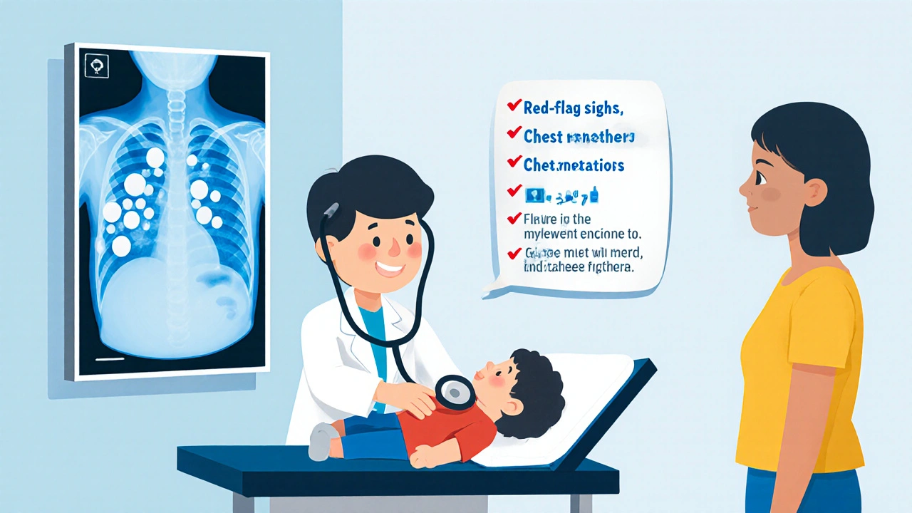 Pediatrician examines a child with a stethoscope, cartoon chest X‑ray displayed behind.