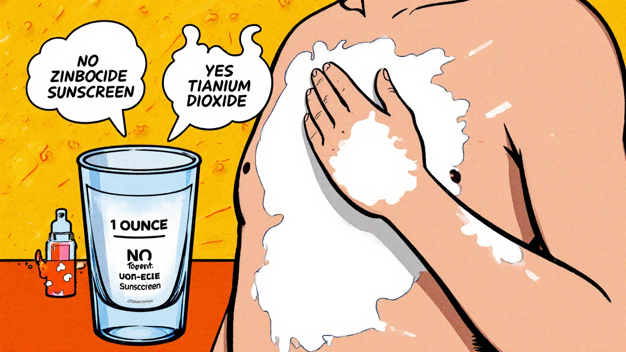 Person applying thick white mineral sunscreen with a shot glass measuring the amount, in cartoon style.