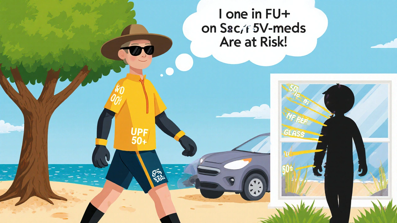 Person in full UV-protective clothing walking past sun-exposed objects, while others suffer UV exposure in cartoon style.