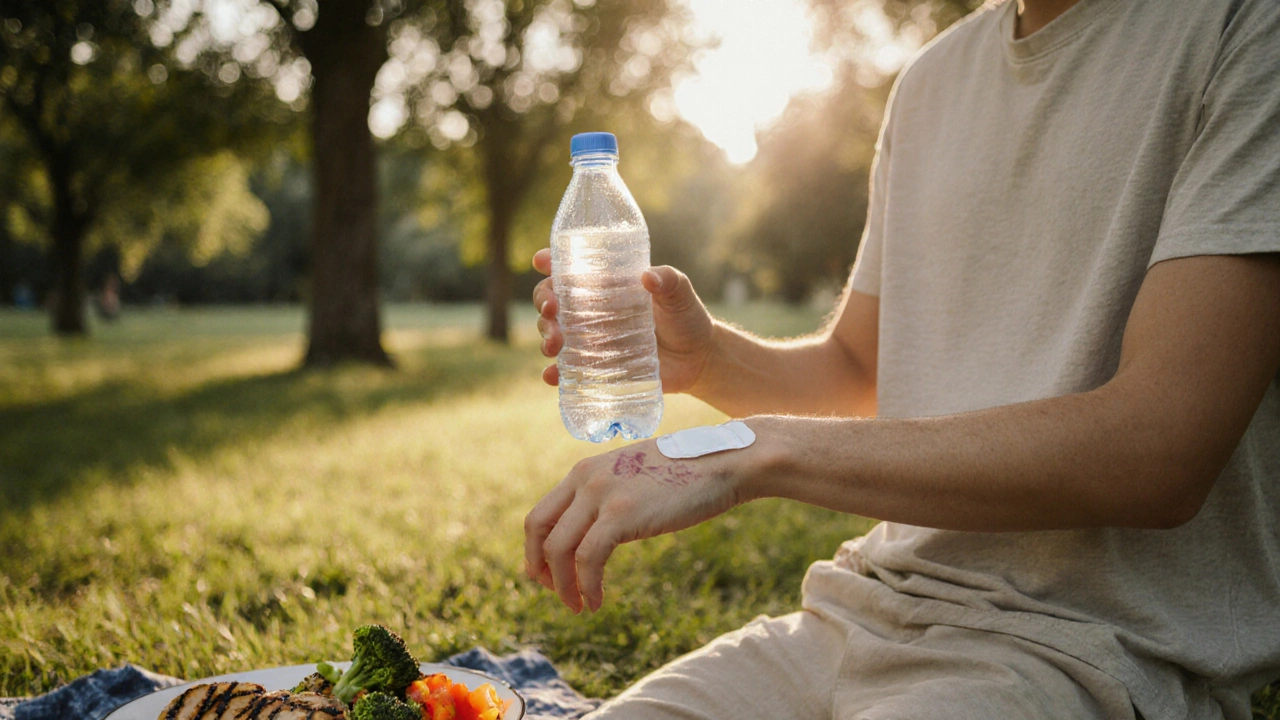 Person outdoors holding water bottle, tending a covered forearm abrasion.