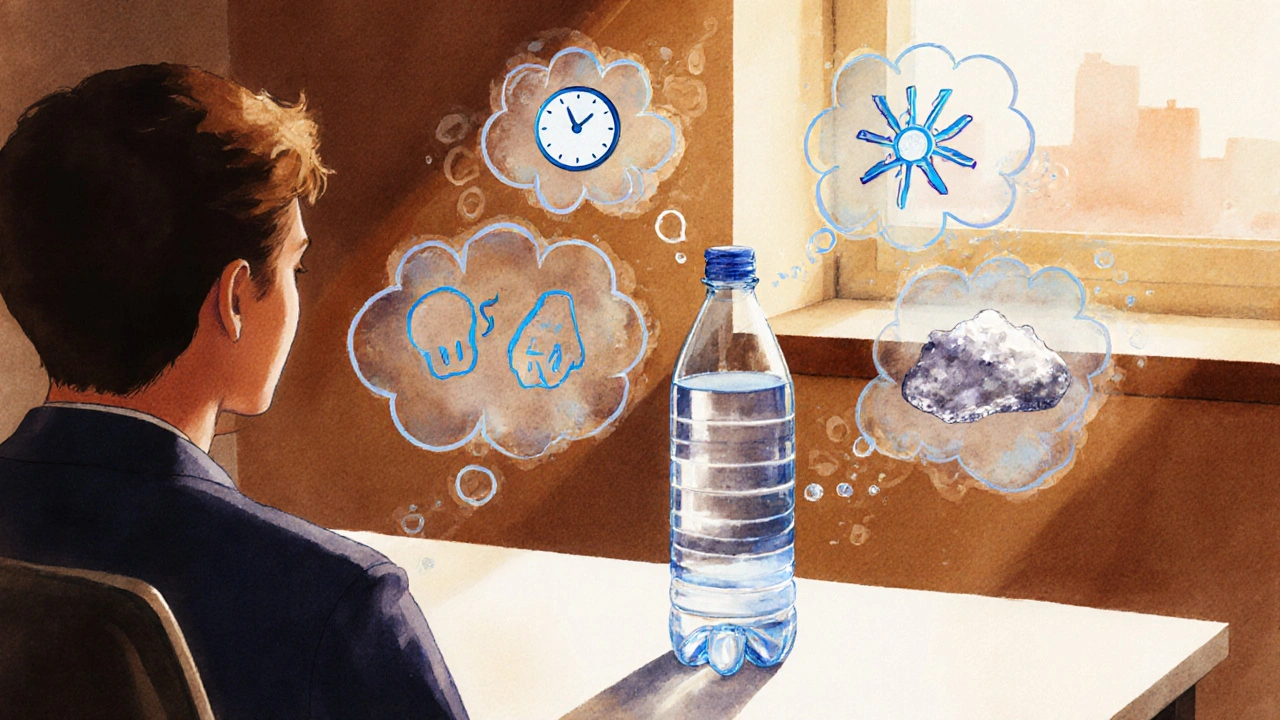 Person reaching for water bottle surrounded by visual cues of habit and stress.
