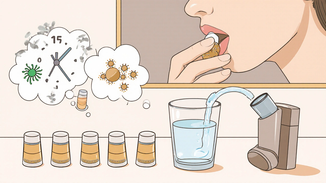 Person using clotrimazole lozenge five times daily with inhaler and water nearby