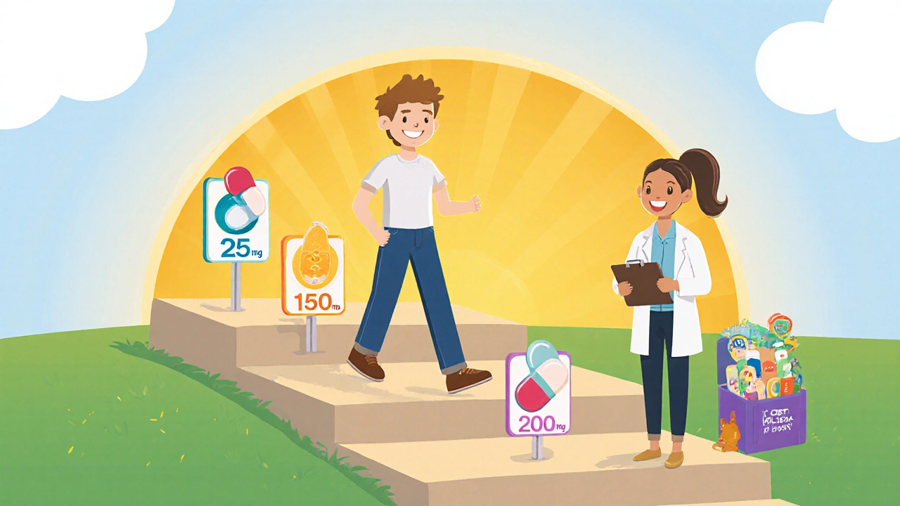 Person walking a stepped dosage path with therapist and CBT tools.