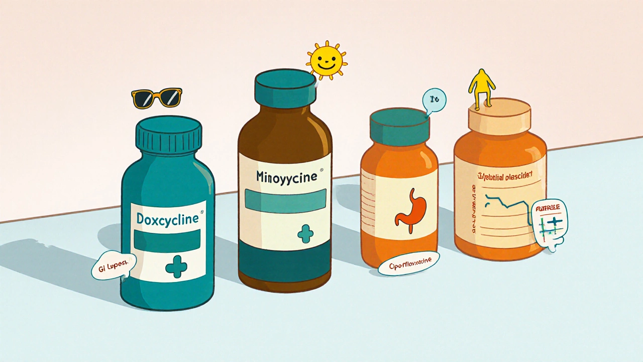 Pharmacy counter with various antibiotic bottles and side‑effect icons.