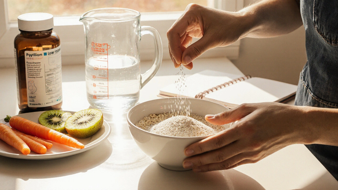 Photo of kitchen with psyllium, low‑FODMAP foods, probiotic bottle, and symptom diary open.