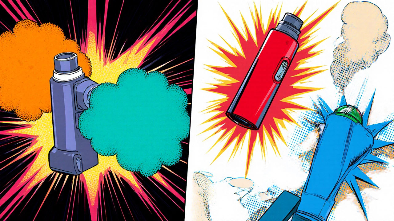 Sideâbyâside comic panels showing Combivent MDI and alternative inhaler devices with vivid colors.