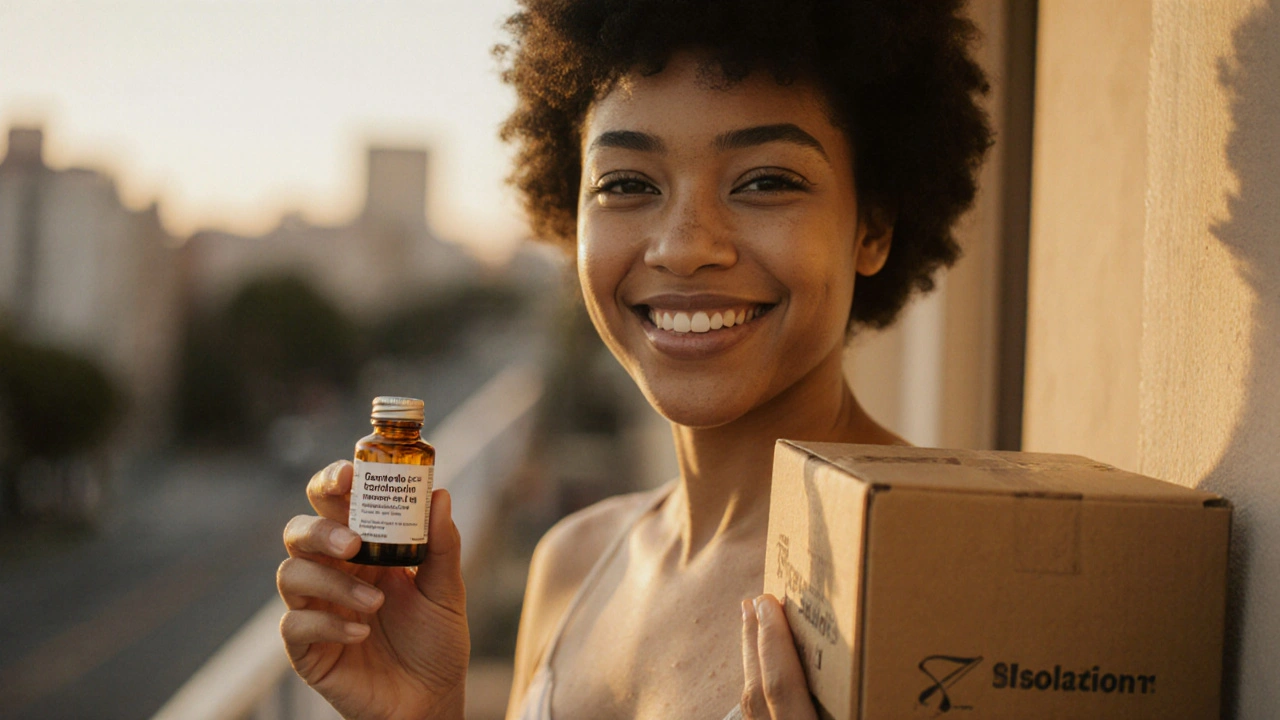 Smiling individual with clear skin holding a generic Accutane bottle after safe online purchase.