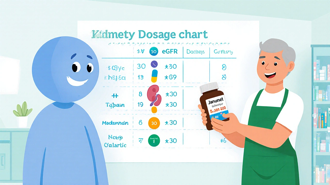 Smiling kidney character beside a dosage chart with pill icons and a pharmacist handing a bottle.