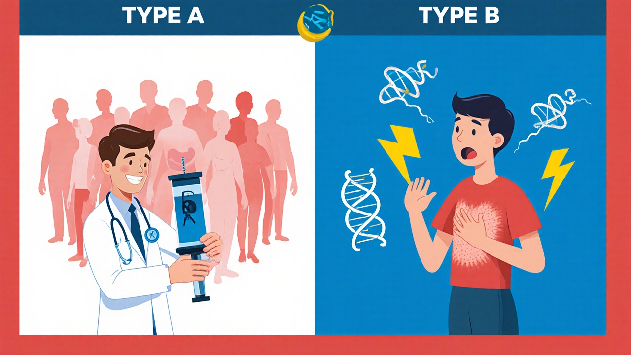 Split scene contrasting dose‑adjustable Type A reactions on left with many patients, and sudden Type B rash on right with DNA symbol.