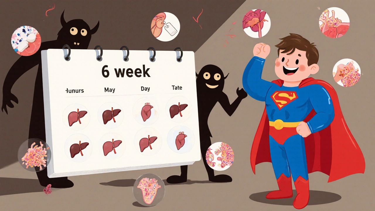 6-week pill calendar with immune system defeating Brucella bacteria