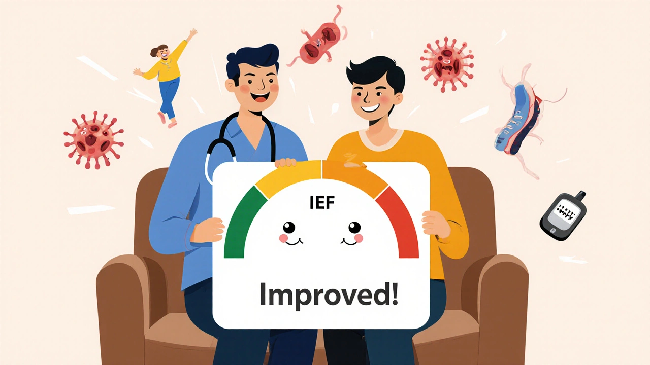 A doctor and patient celebrate improved erectile function with a smiling IIEF scale chart.