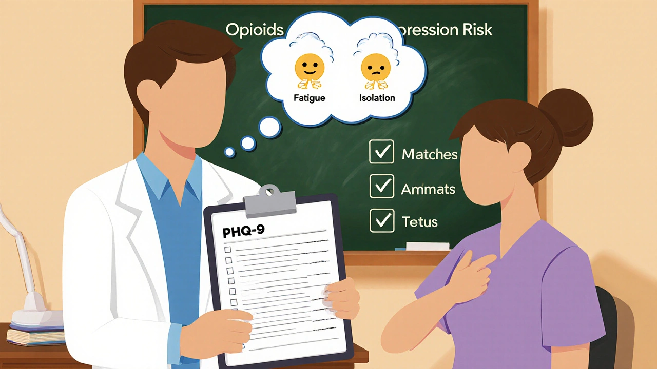 A doctor and patient discuss mood screening in a clinic, with emotional symptoms shown in a thought bubble above the patient.