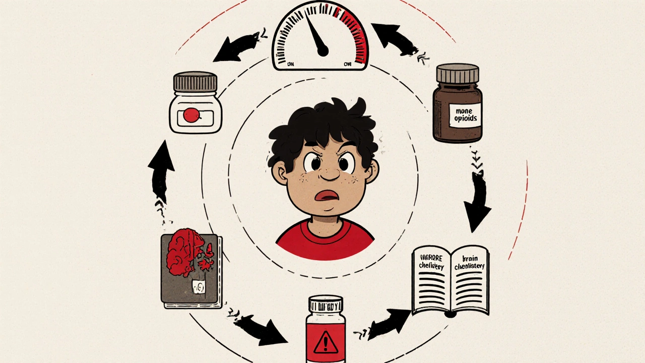 A looping cycle connects pain, opioids, brain changes, and depression in a spiral with symbolic icons around a tired person.