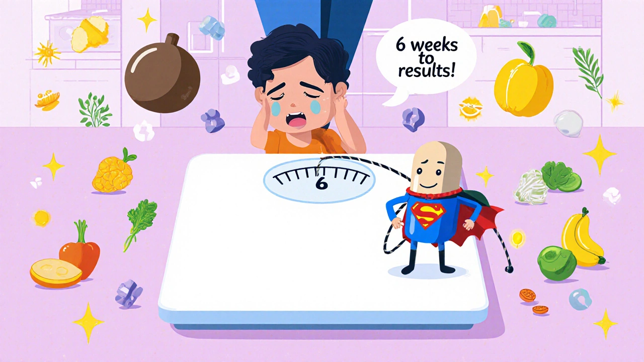 A person losing weight with help from a topiramate superhero pill in a cartoon illustration.