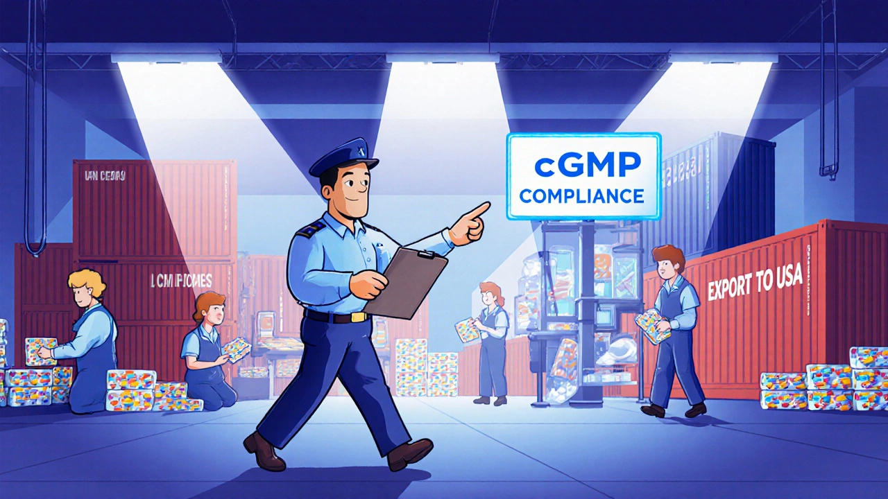 Cartoon FDA inspector checking compliance in a foreign drug factory with export containers.