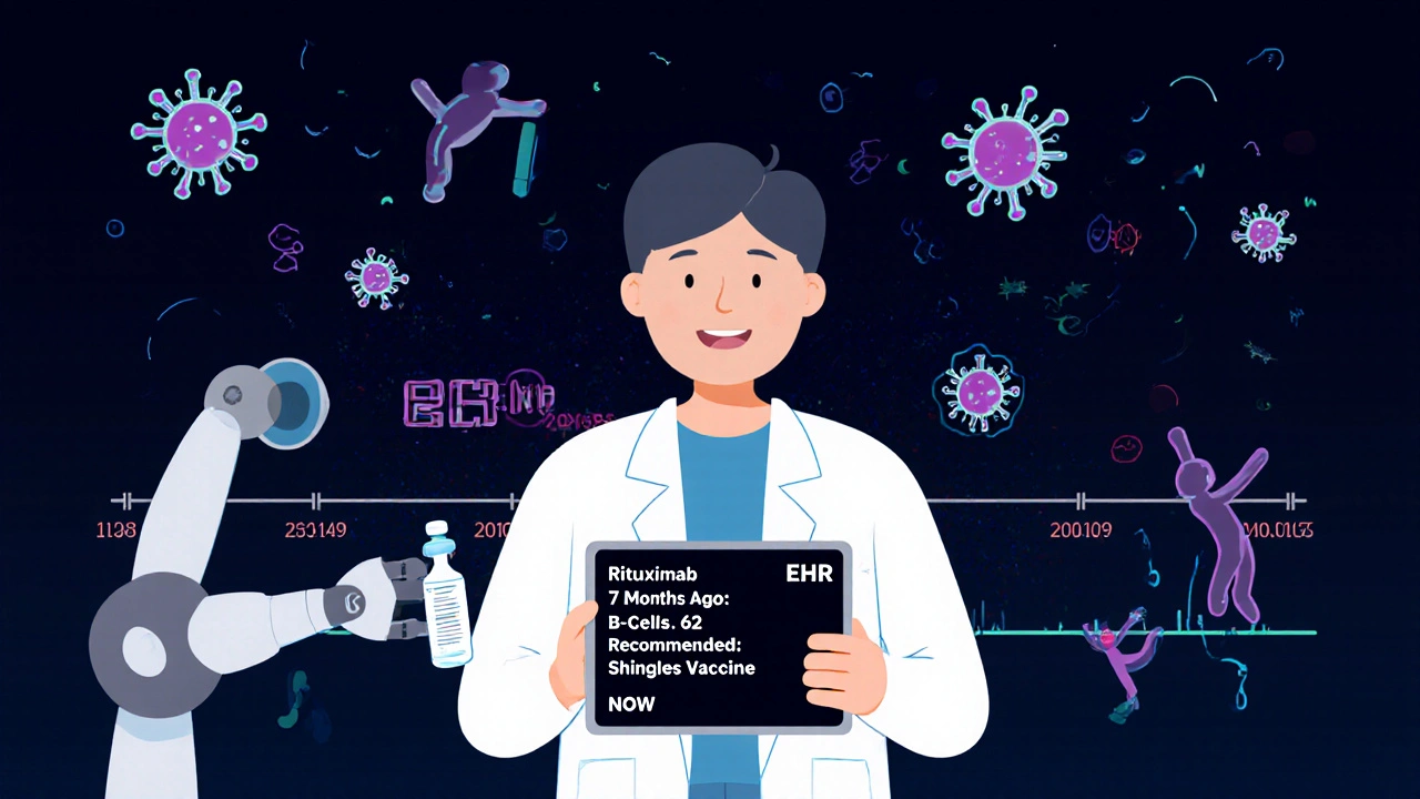 Cartoon of a patient receiving a shingles vaccine based on a futuristic EHR recommendation showing B-cell levels and timing.