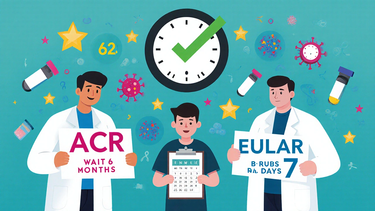 Cartoon of a person caught between two doctors giving conflicting vaccine timing advice, with a B-cell count meter showing a safe level.